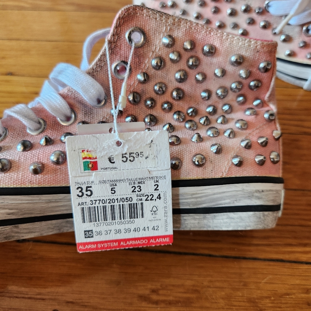 Zara Studded Pink Distressed Canvas Lace Up Sneakers - Picture 4 of 7